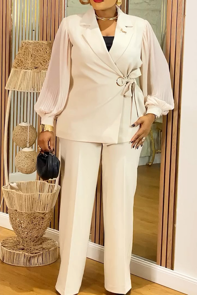 Daily Solid Color Lace Up Turndown Collar Long Sleeve Two Pieces