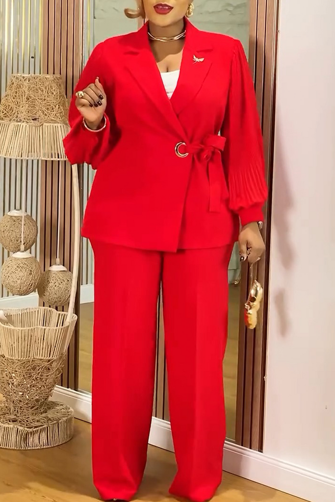 Daily Solid Color Lace Up Turndown Collar Long Sleeve Two Pieces