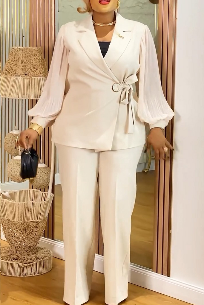 Daily Solid Color Lace Up Turndown Collar Long Sleeve Two Pieces