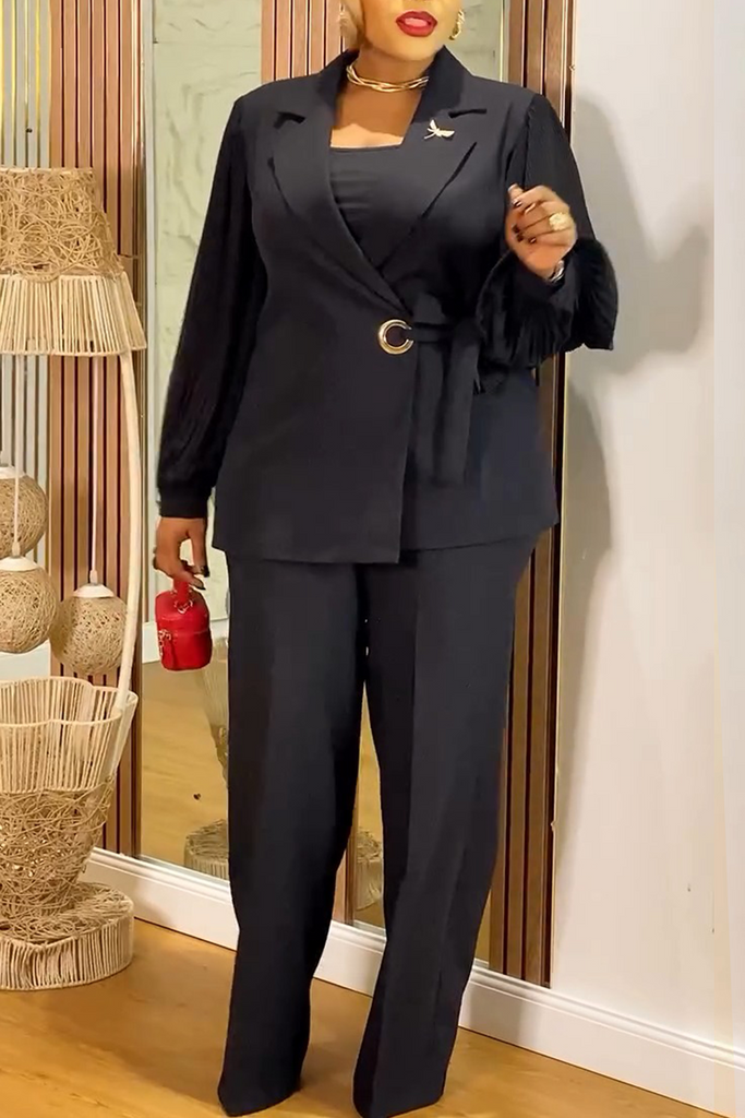 Daily Solid Color Lace Up Turndown Collar Long Sleeve Two Pieces