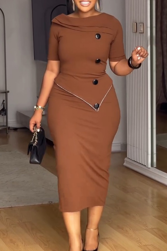 Casual Daily Solid Color Buttons O Neck Short Sleeve Dresses