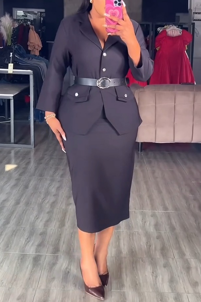 Elegant Solid Color Pocket Buttons Turndown Collar Long Sleeve Dresses(No Waist Belt)