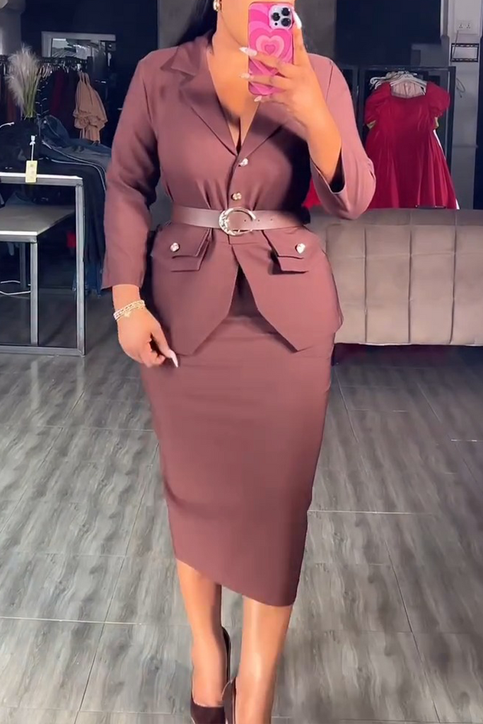 Elegant Solid Color Pocket Buttons Turndown Collar Long Sleeve Dresses(No Waist Belt)