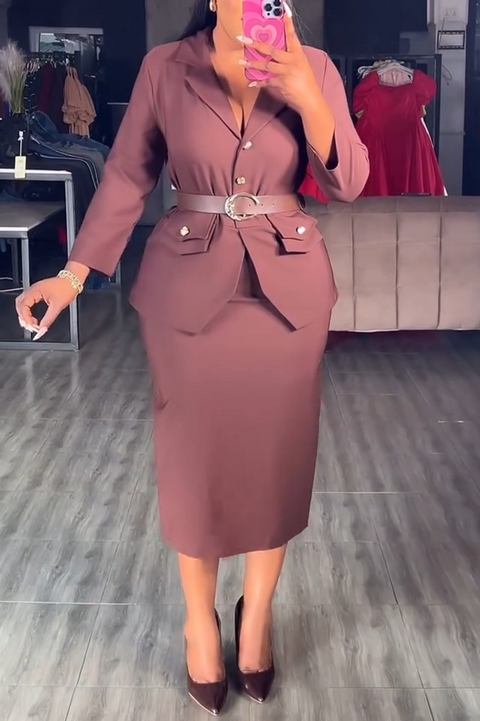 Elegant Solid Color Pocket Buttons Turndown Collar Long Sleeve Dresses(No Waist Belt)