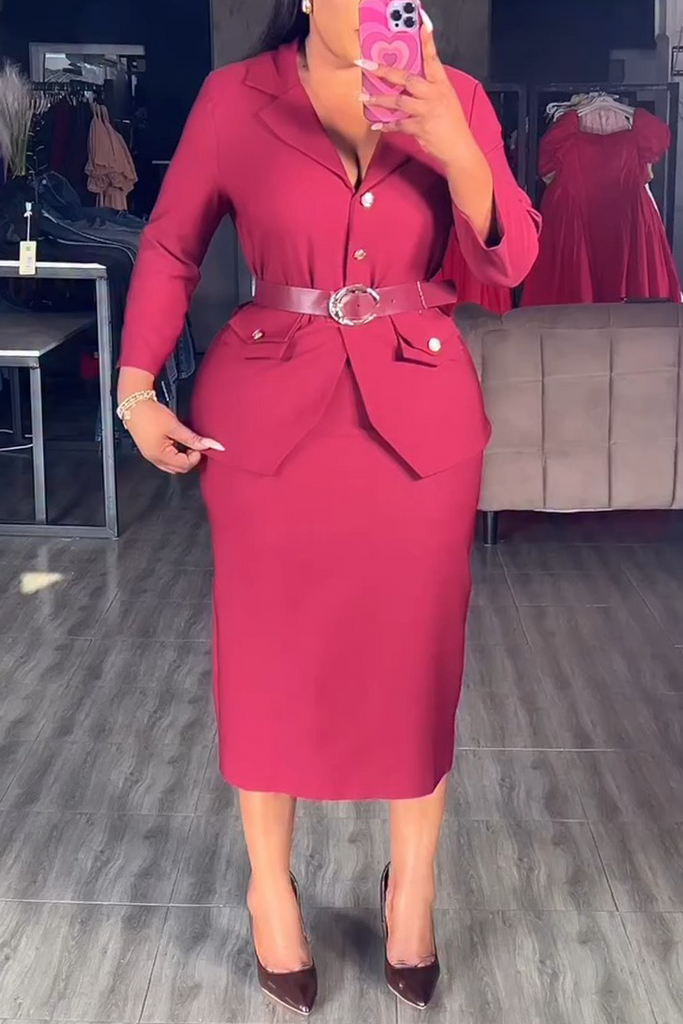 Elegant Solid Color Pocket Buttons Turndown Collar Long Sleeve Dresses(No Waist Belt)