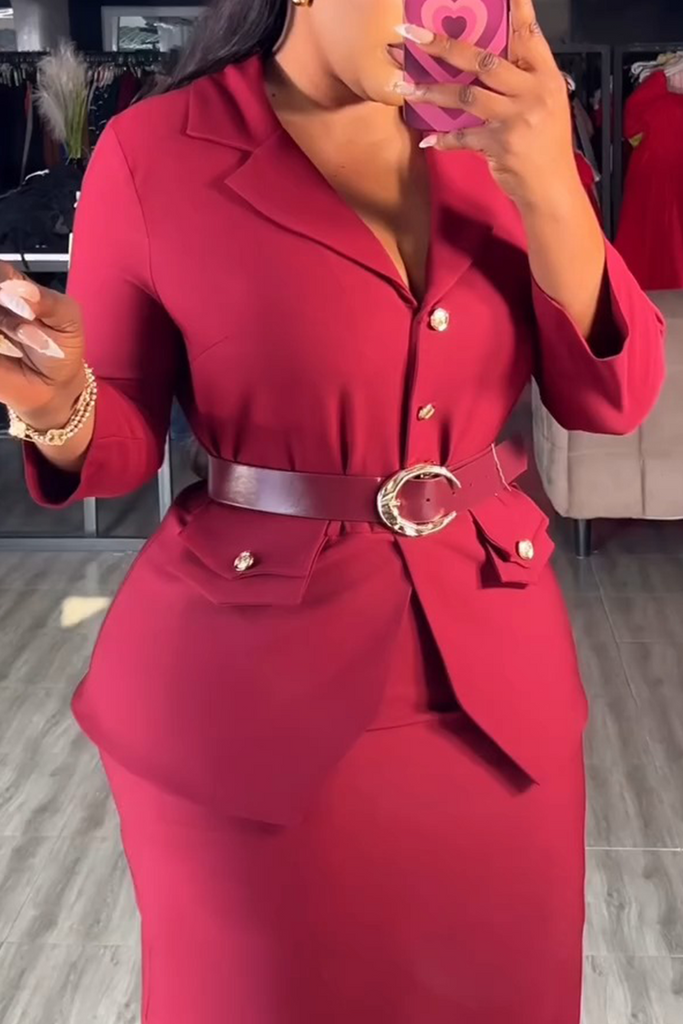 Elegant Solid Color Pocket Buttons Turndown Collar Long Sleeve Dresses(No Waist Belt)