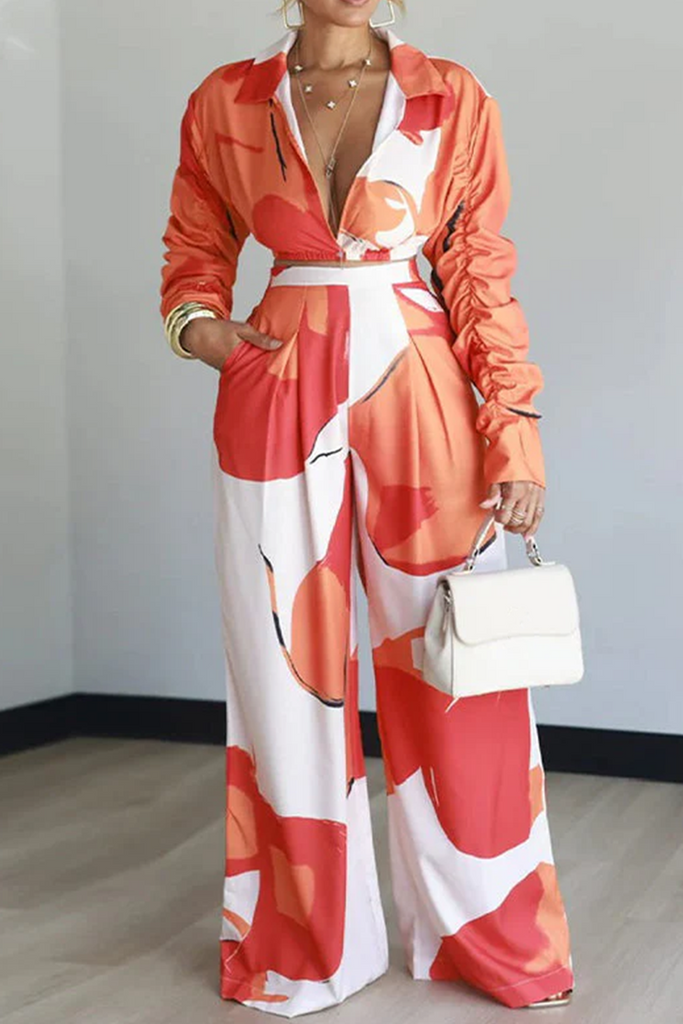 Elegant Print Draw String Conventional Collar Long Sleeve Two Pieces