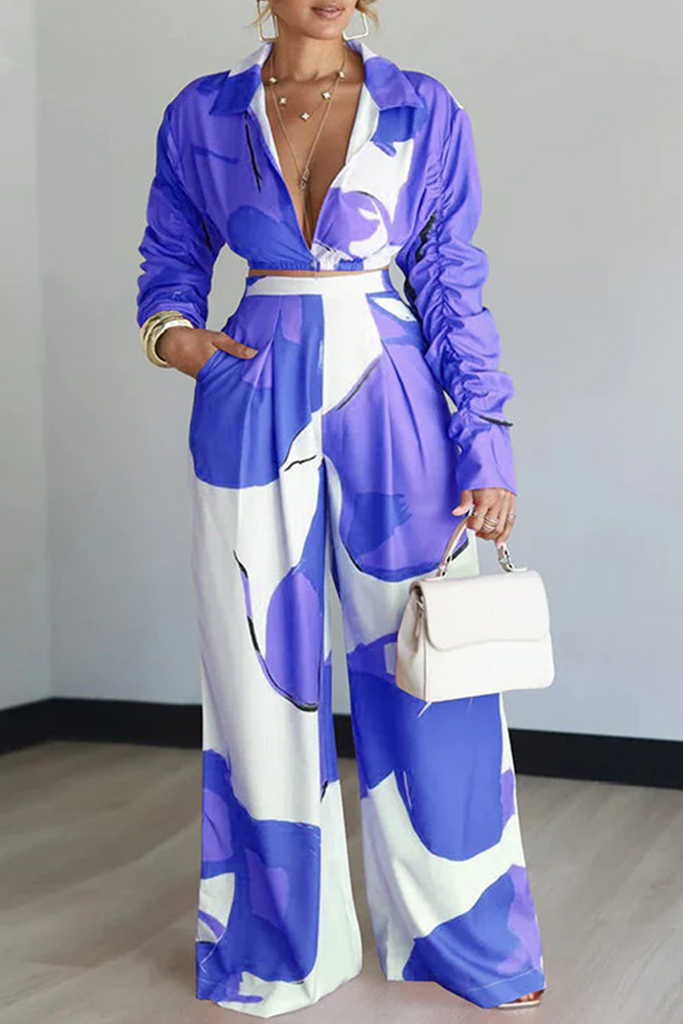Elegant Print Draw String Conventional Collar Long Sleeve Two Pieces