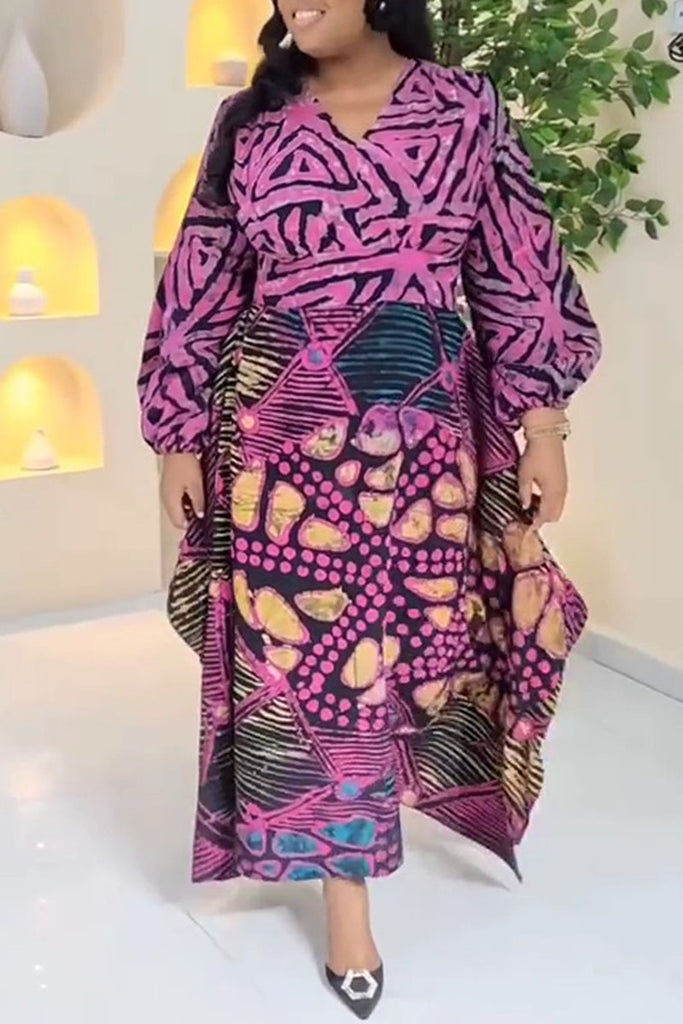 Casual Daily Print Patchwork Irregular Hem V Neck Long Dresses