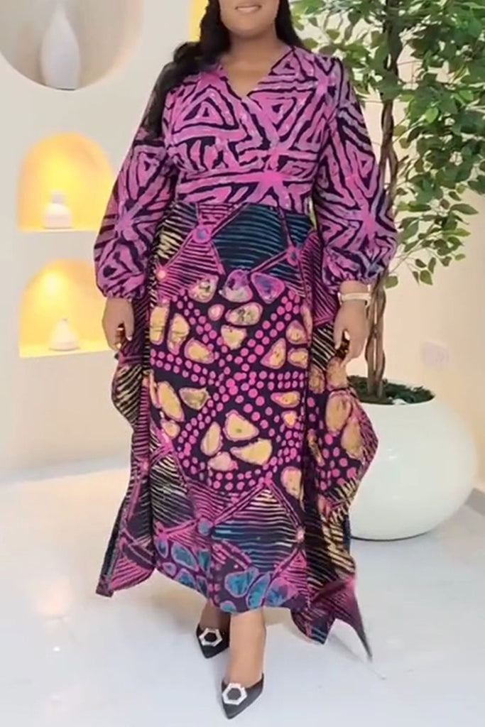 Casual Daily Print Patchwork Irregular Hem V Neck Long Dresses
