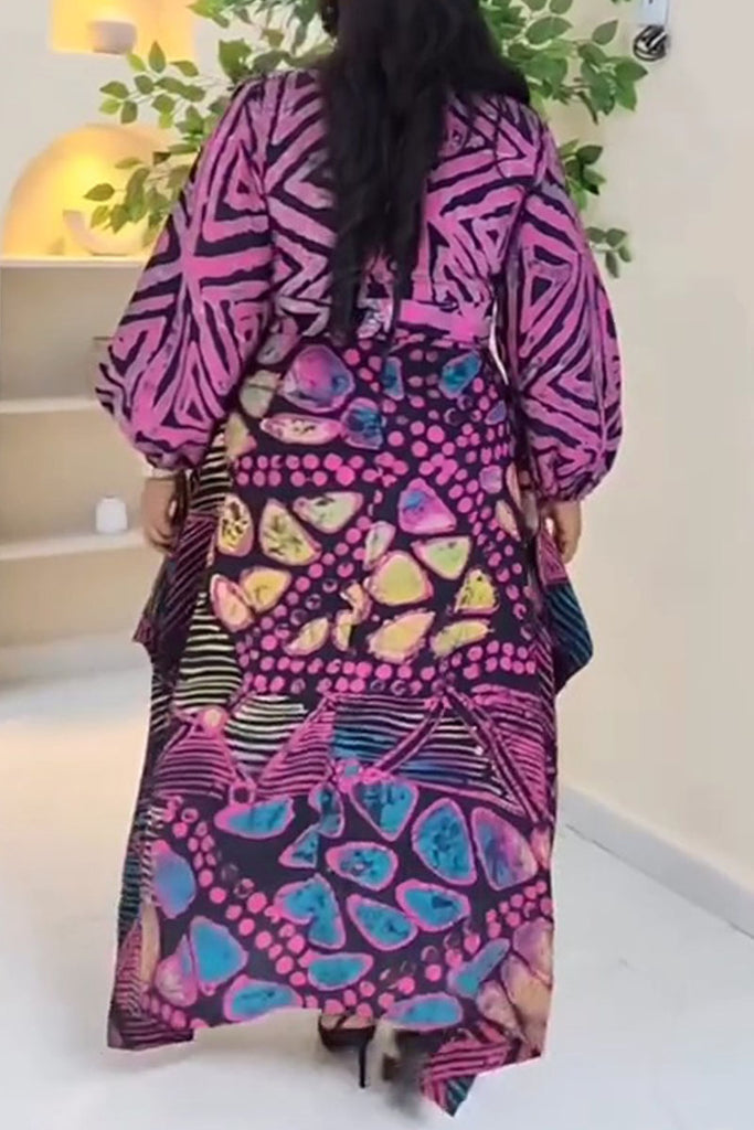 Casual Daily Print Patchwork Irregular Hem V Neck Long Dresses