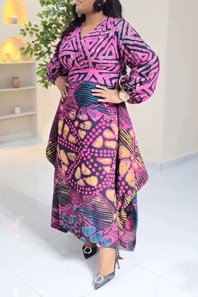 Casual Daily Print Patchwork Irregular Hem V Neck Long Dresses