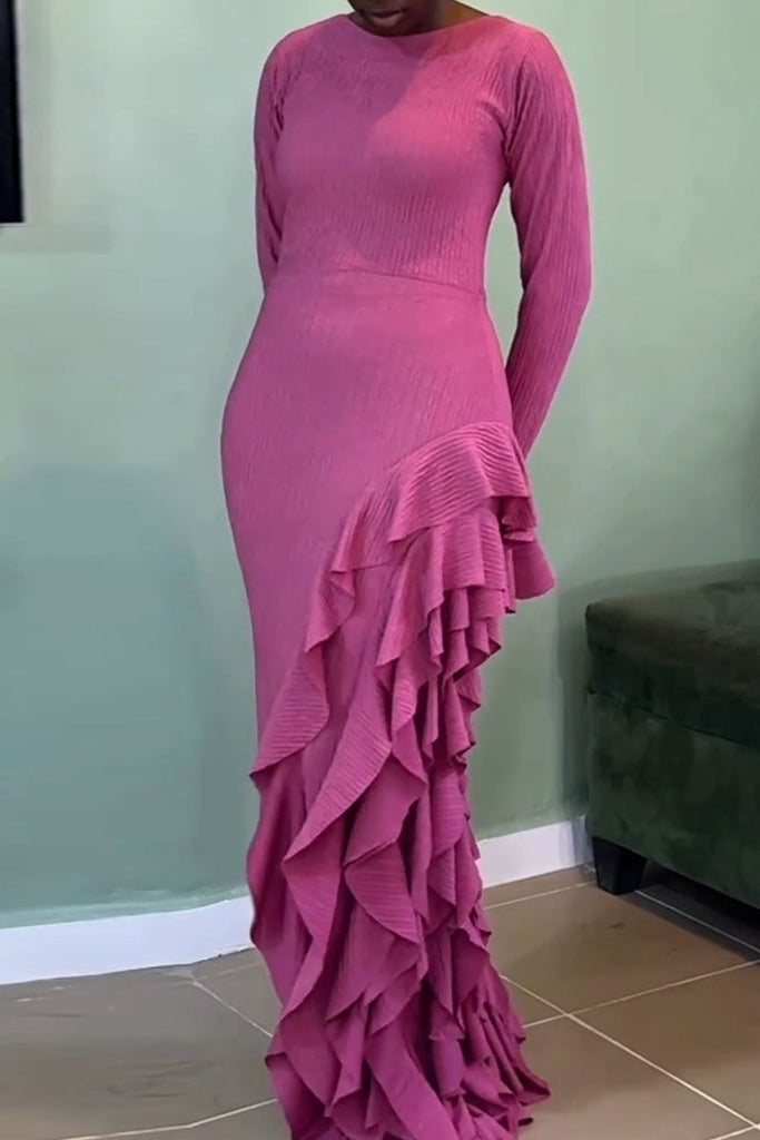 Daily Elegant Solid Color Patchwork O Neck Long Dresses