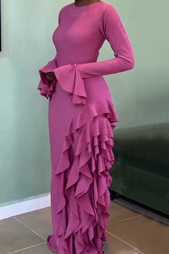 Daily Elegant Solid Color Patchwork O Neck Long Dresses