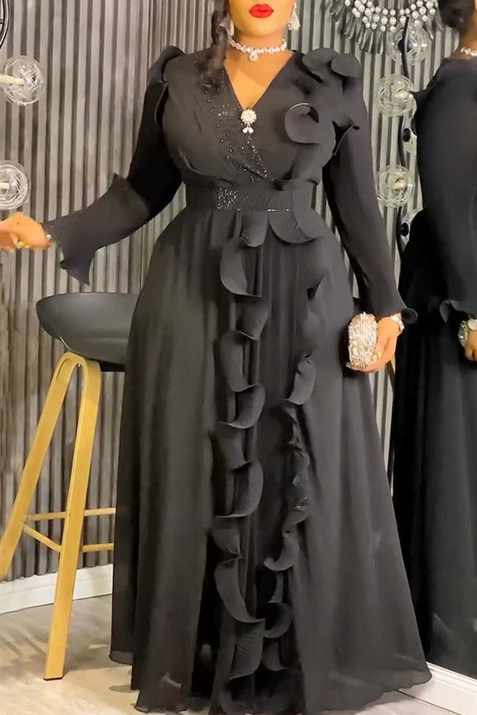 Elegant Solid Color Patchwork V Neck Long Dresses (With Belt)