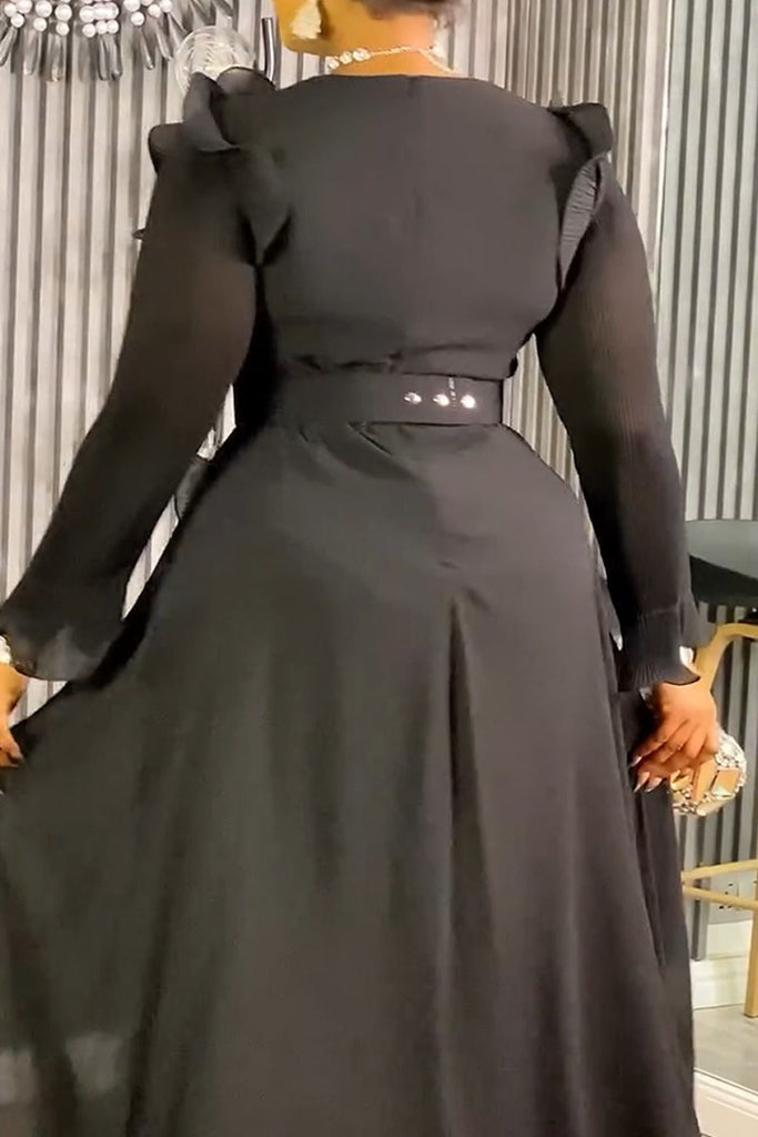 Elegant Solid Color Patchwork V Neck Long Dresses (With Belt)
