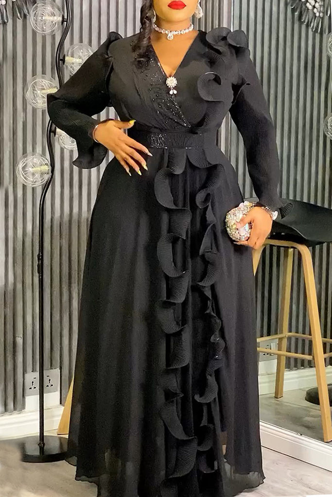 Elegant Solid Color Patchwork V Neck Long Dresses (With Belt)
