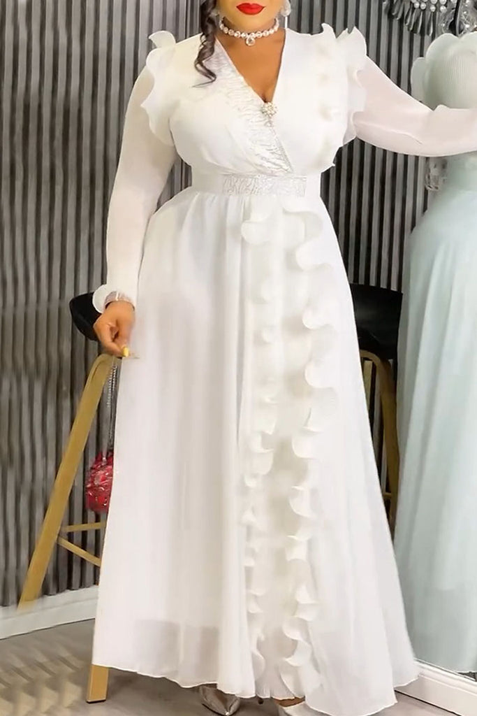 Elegant Solid Color Patchwork V Neck Long Dresses (With Belt)
