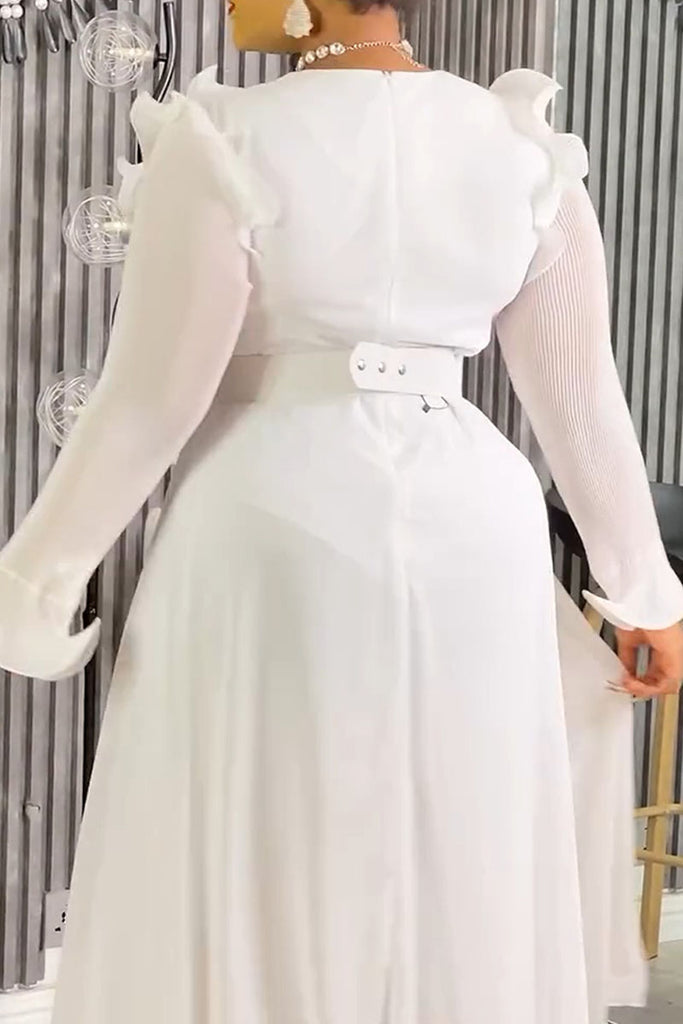 Elegant Solid Color Patchwork V Neck Long Dresses (With Belt)