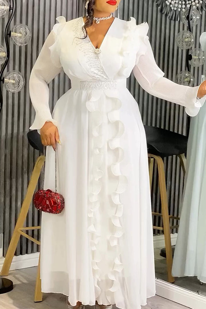 Elegant Solid Color Patchwork V Neck Long Dresses (With Belt)