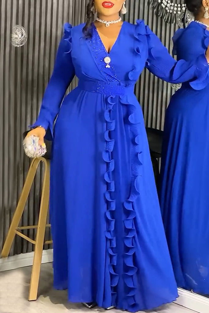 Elegant Solid Color Patchwork V Neck Long Dresses (With Belt)