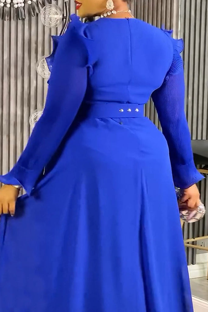 Elegant Solid Color Patchwork V Neck Long Dresses (With Belt)