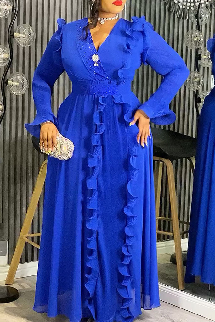 Elegant Solid Color Patchwork V Neck Long Dresses (With Belt)