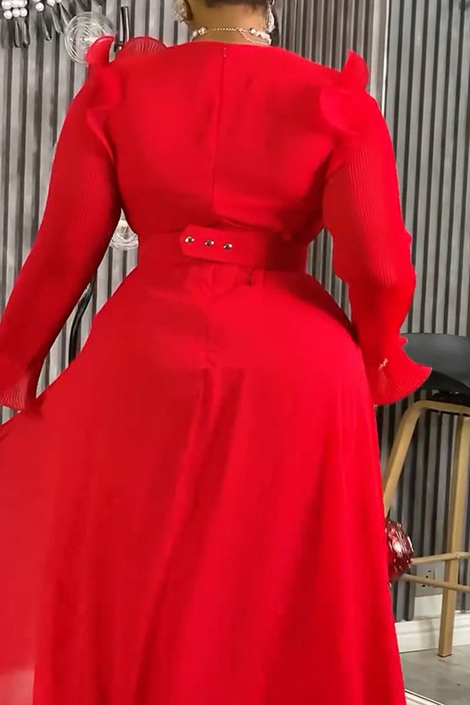 Elegant Solid Color Patchwork V Neck Long Dresses (With Belt)
