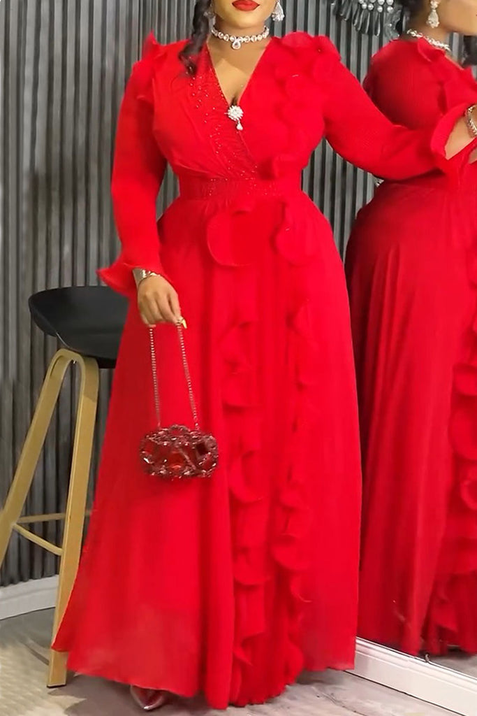 Elegant Solid Color Patchwork V Neck Long Dresses (With Belt)