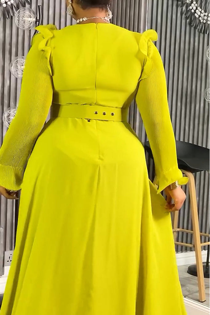 Elegant Solid Color Patchwork V Neck Long Dresses (With Belt)