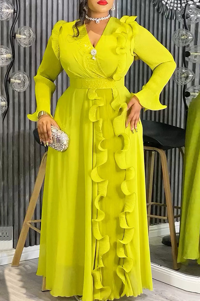 Elegant Solid Color Patchwork V Neck Long Dresses (With Belt)