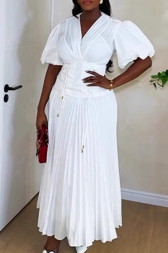 Elegant Solid Color Cross Straps V Neck Long Dresses