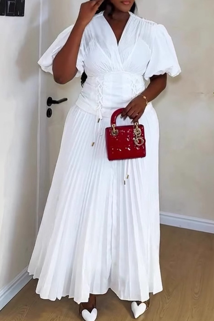Elegant Solid Color Cross Straps V Neck Long Dresses