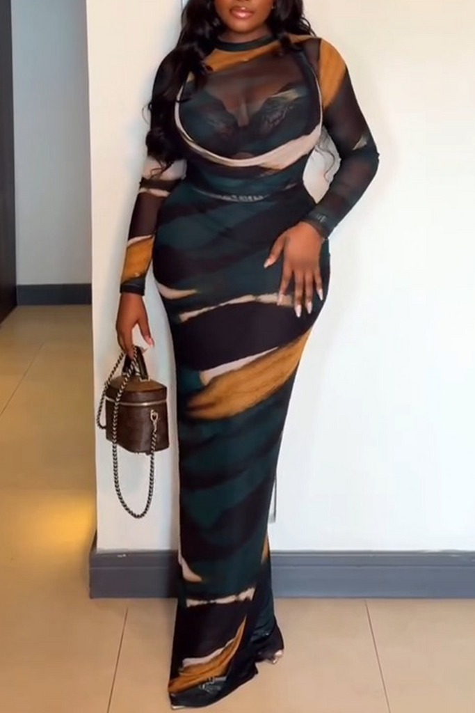 Sexy Elegant Print Lace Up O Neck Long Sleeve Two Pieces