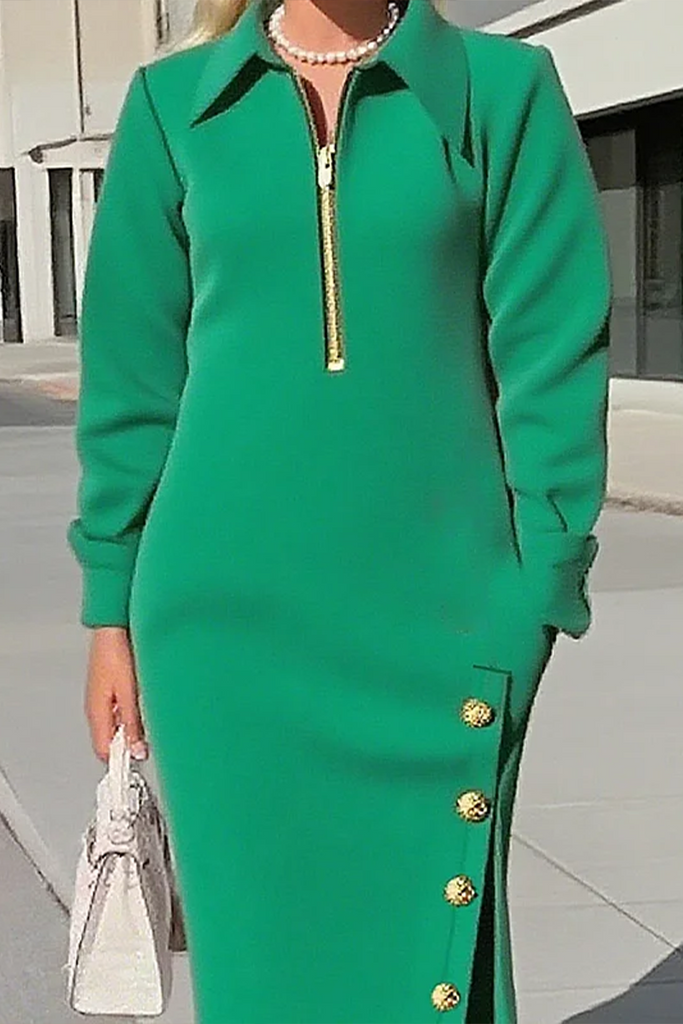 Elegant Solid Color Buttons Slit Zipper Turndown Collar Long Sleeve Dresses