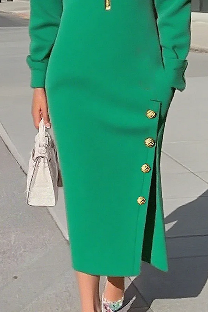 Elegant Solid Color Buttons Slit Zipper Turndown Collar Long Sleeve Dresses