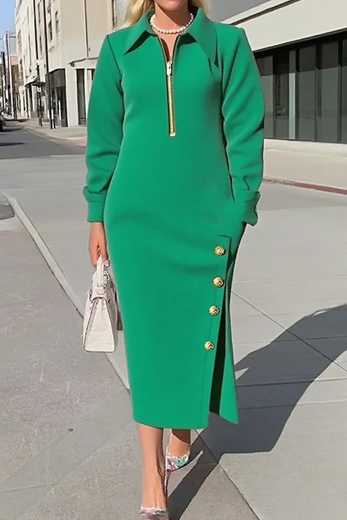 Elegant Solid Color Buttons Slit Zipper Turndown Collar Long Sleeve Dresses