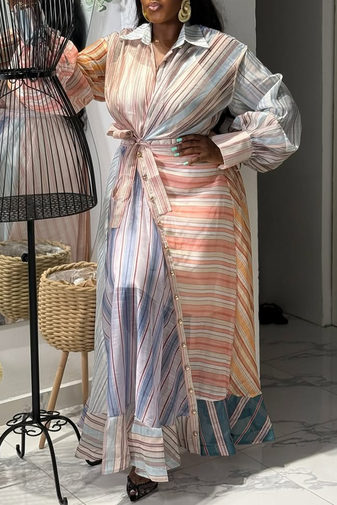 Elegant Print Patchwork Turndown Collar Long Sleeve Dresses