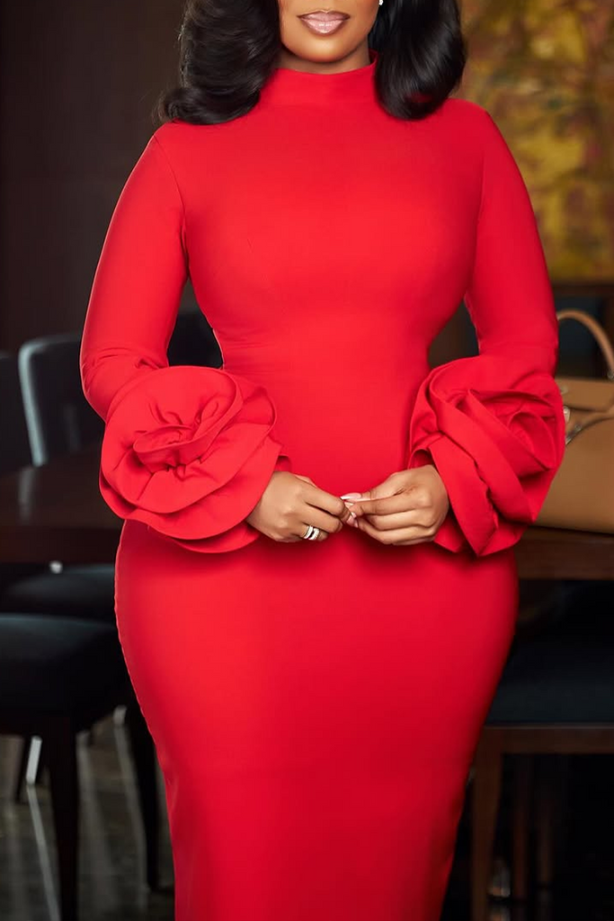 Daily Elegant Solid Color Flowers Turtleneck Long Sleeve Dresses