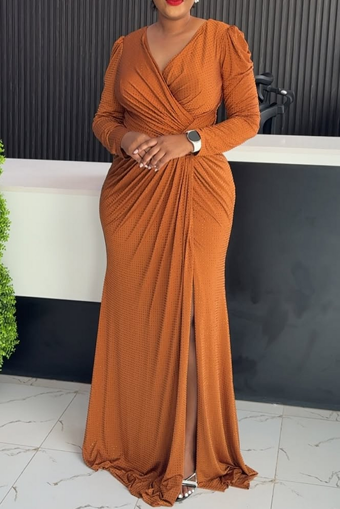 Daily Solid Color Slit Ruched Hot Drill V Neck Long Sleeve Dresses