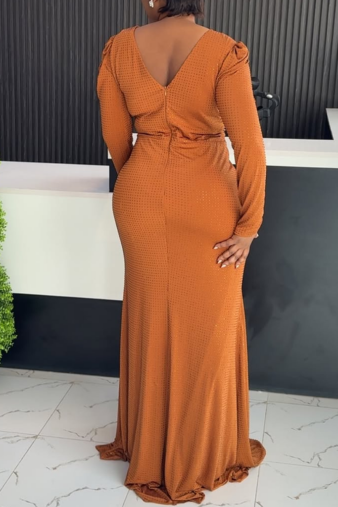 Daily Solid Color Slit Ruched Hot Drill V Neck Long Sleeve Dresses
