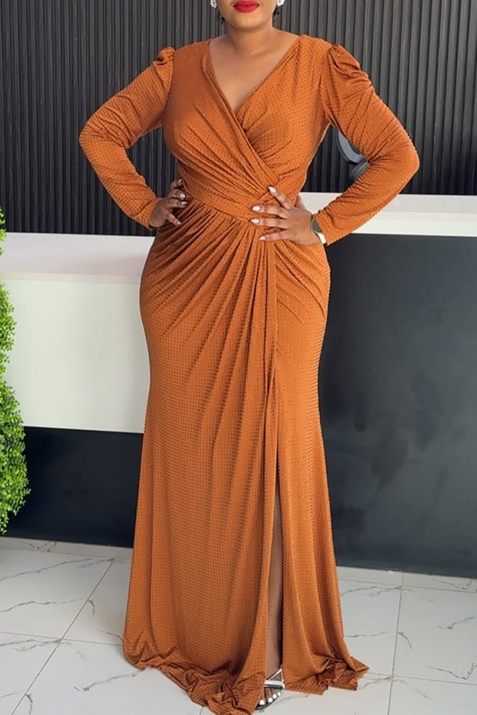 Daily Solid Color Slit Ruched Hot Drill V Neck Long Sleeve Dresses