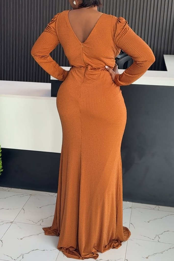 Daily Solid Color Slit Ruched Hot Drill V Neck Long Sleeve Dresses