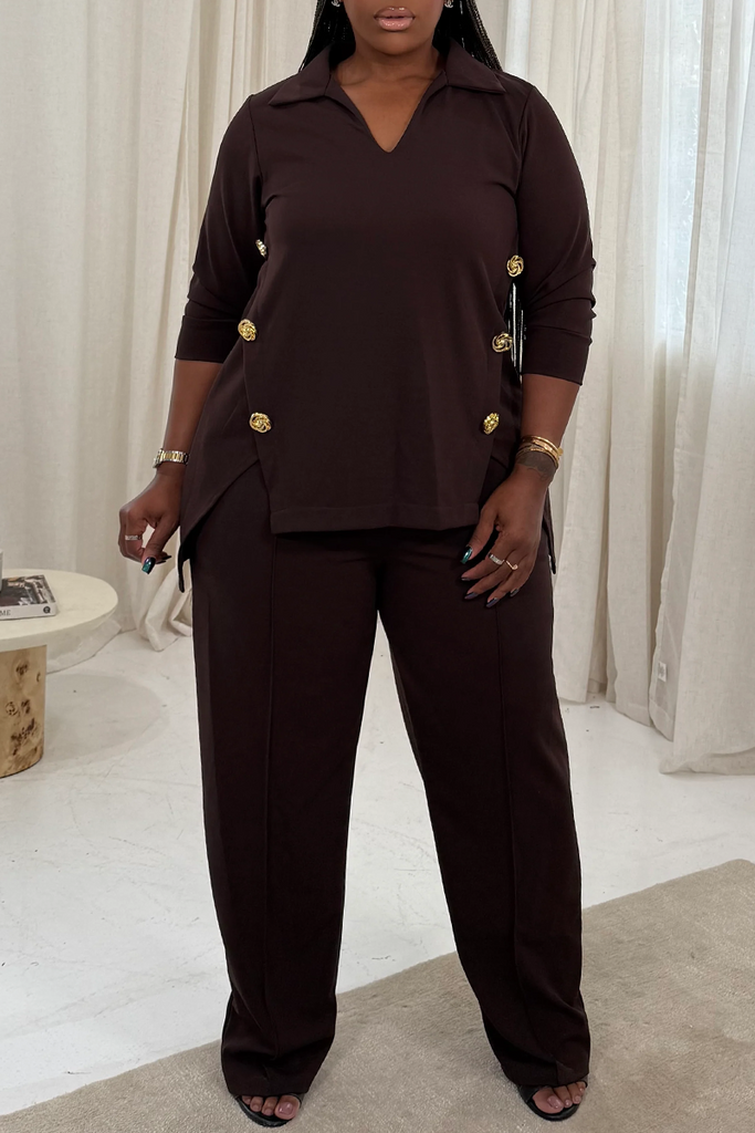 Casual Daily Solid Color Buttons Slit Turndown Collar Three Quarter Two Pieces