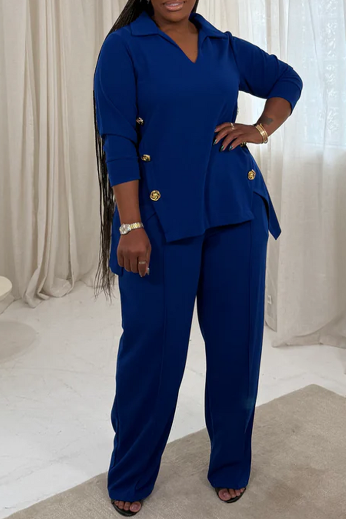 Casual Daily Solid Color Buttons Slit Turndown Collar Three Quarter Two Pieces