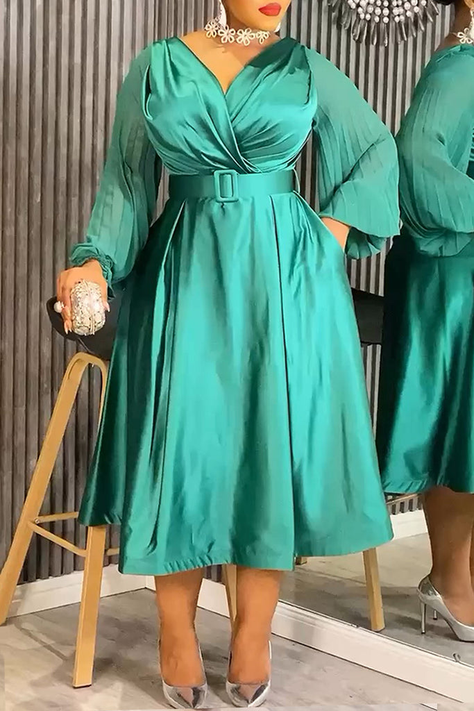 Formal Elegant Solid Color With Belt V Neck A Line Dresses
