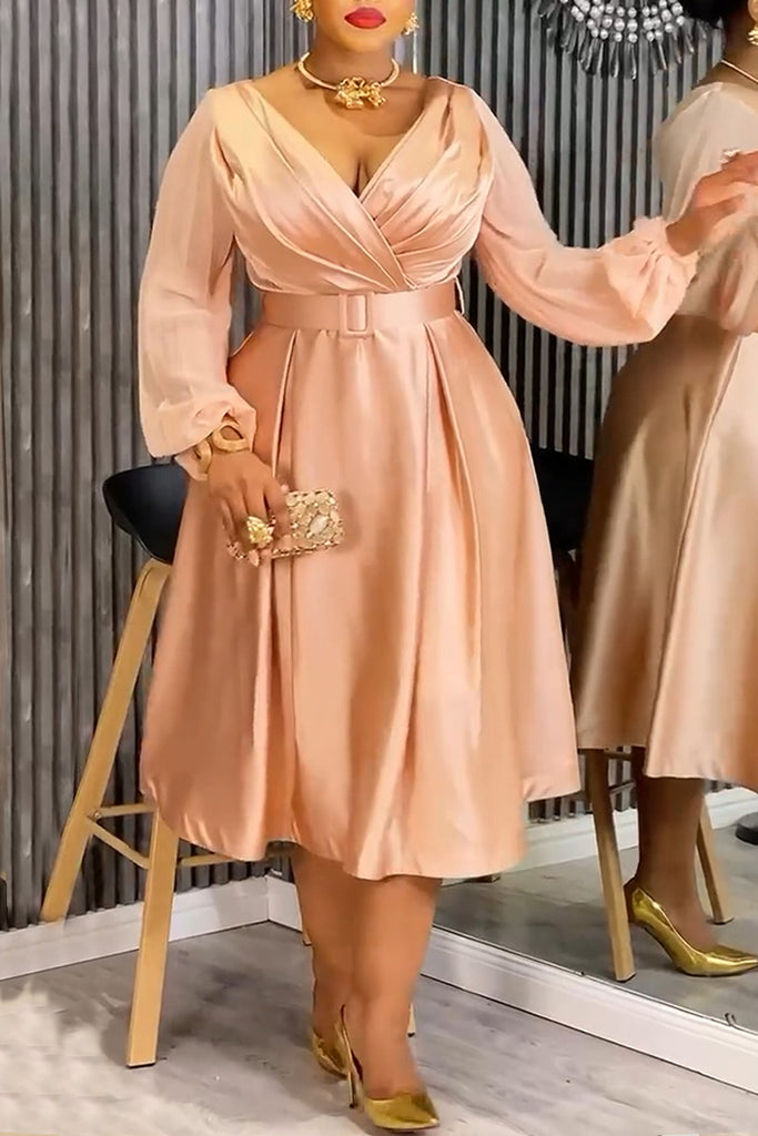 Formal Elegant Solid Color With Belt V Neck A Line Dresses