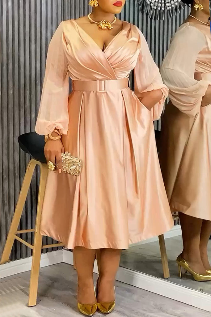 Formal Elegant Solid Color With Belt V Neck A Line Dresses