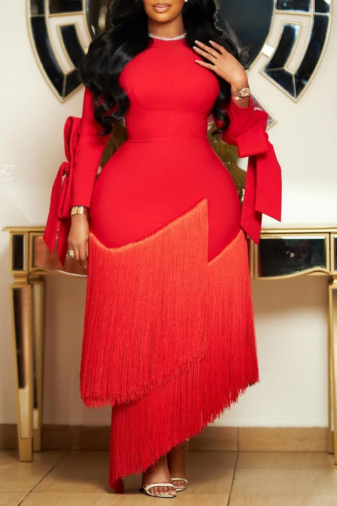 Celebrities Formal Elegant Solid Color Patchwork Fringed Hem O Neck Evening Dresses