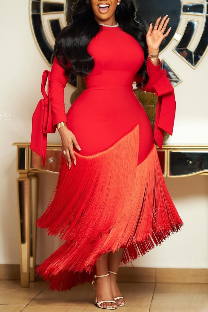 Celebrities Formal Elegant Solid Color Patchwork Fringed Hem O Neck Evening Dresses